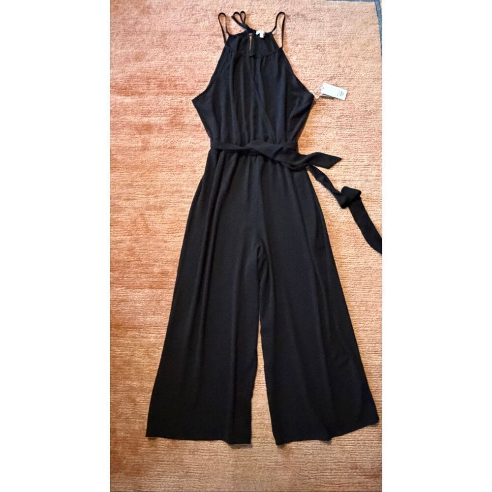 Candie’s Black Halter Wide Leg Jumpsuit XL NWT Tie Waist Culotte Cropped Romper